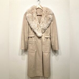 Vintage Wool Tan Midi Coat with Genuine Rabbit Fur Collar/Trim